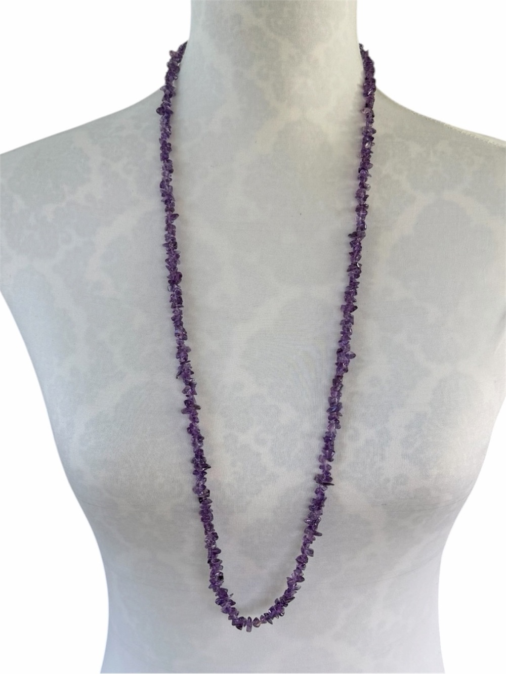 Vintage Amethyst Chip Bead Long Necklace Purple Stone Beaded Jewelry